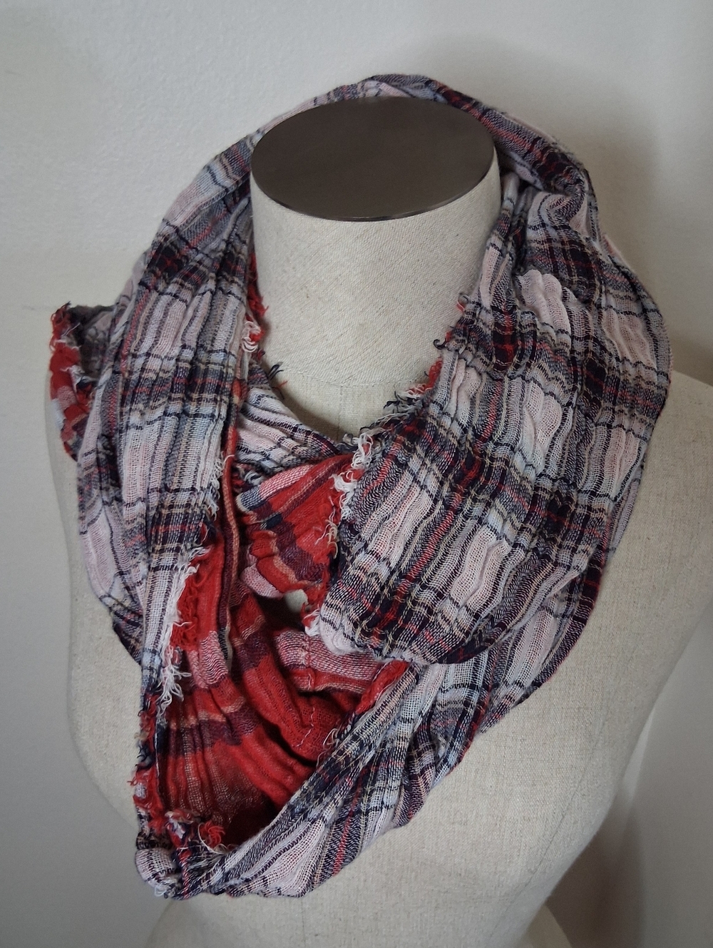 Lightweight Red and Blue Plaid Infinity Scarf - Women Accessories